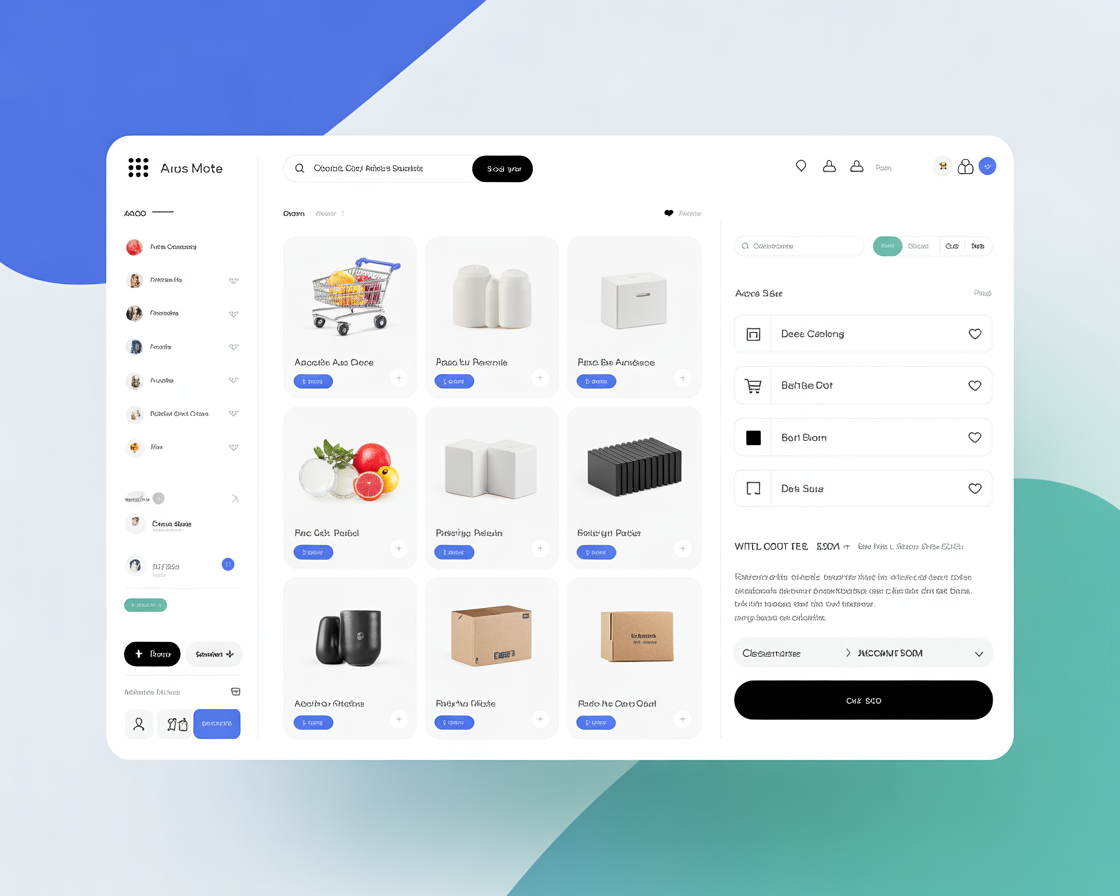E-commerce platform dashboard showing product listings, shopping cart, and checkout interface