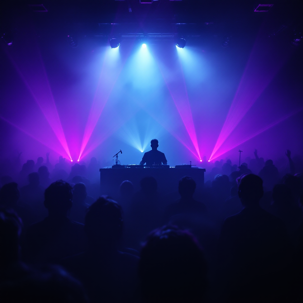 DJ performance with dramatic lighting