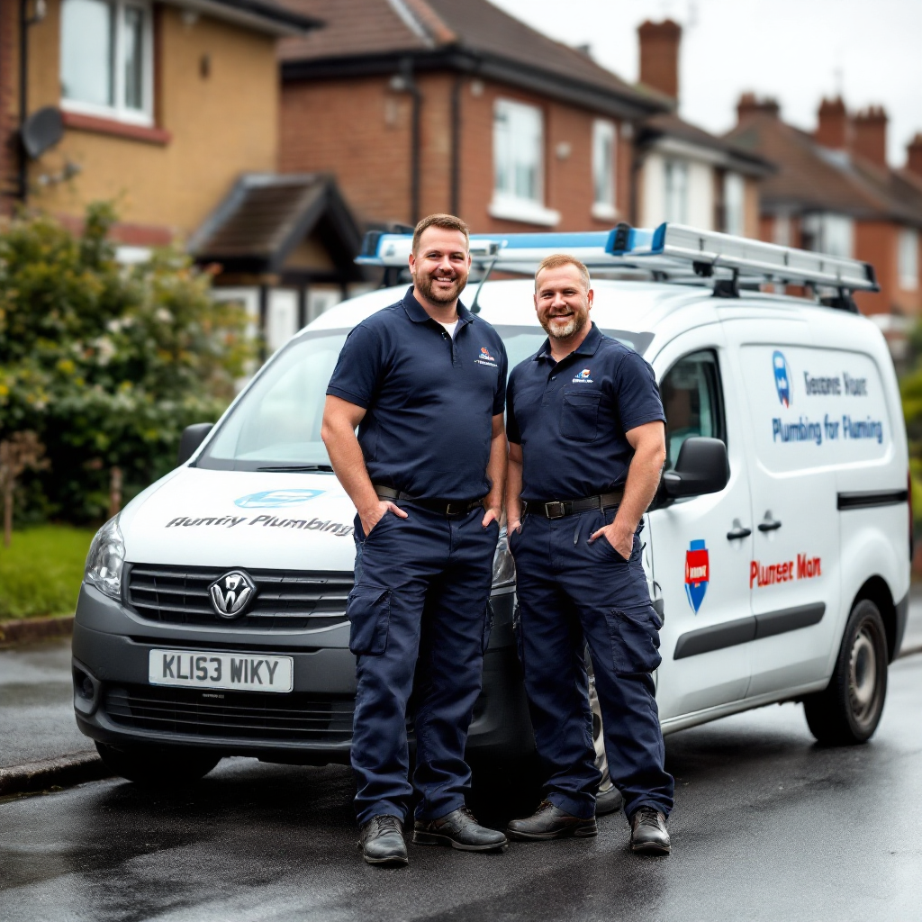 Two plumbers standing beside their work van on a residential street