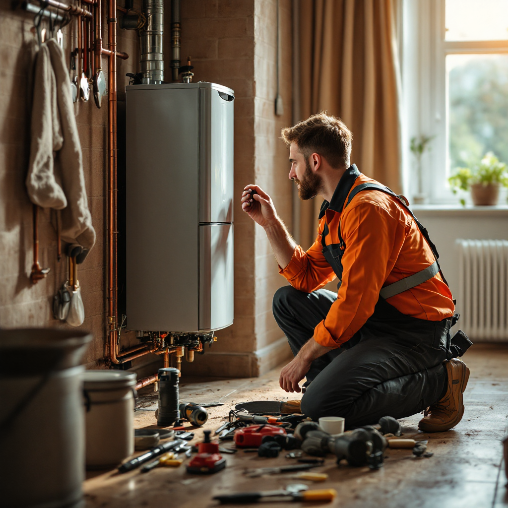 Plumber working on a boiler in a residential kitchen with tools nearby