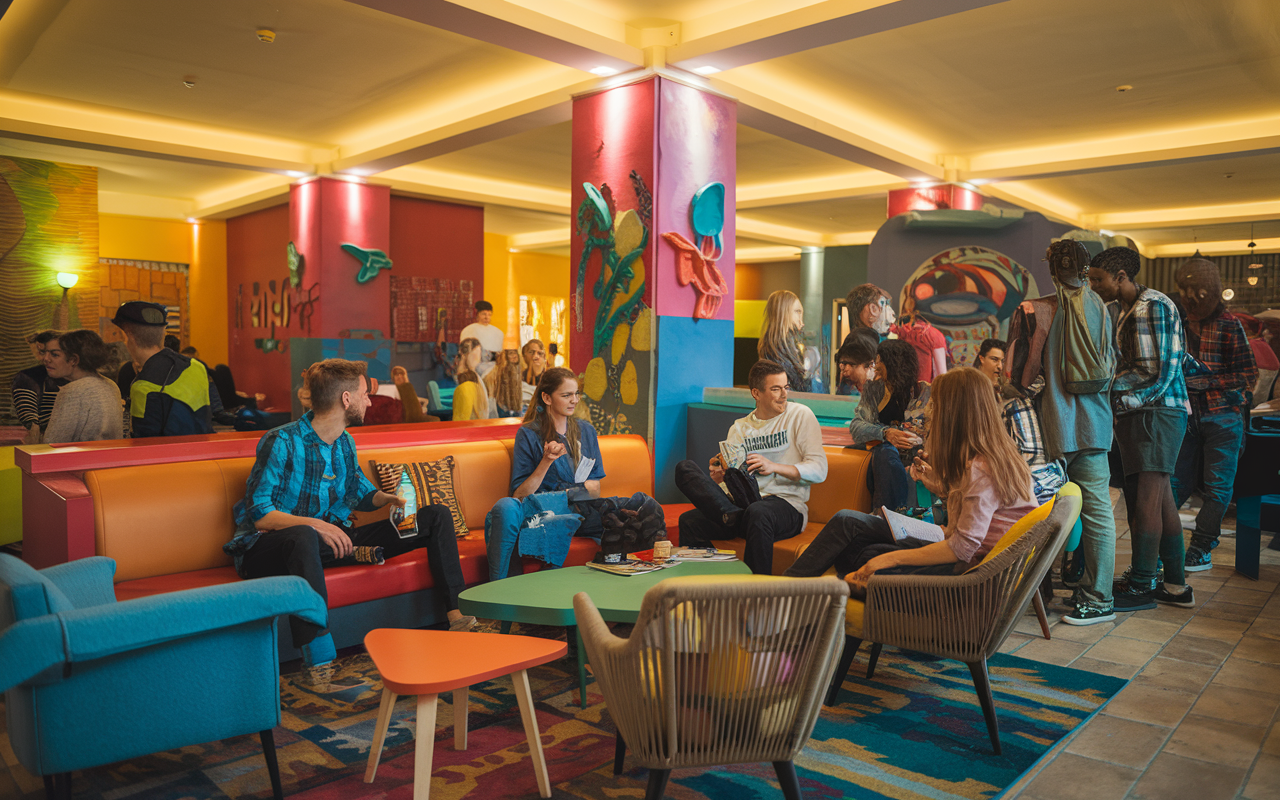 Energetic common area at Backpackers Hub Hostel in Hauz Khas with travelers hanging out together