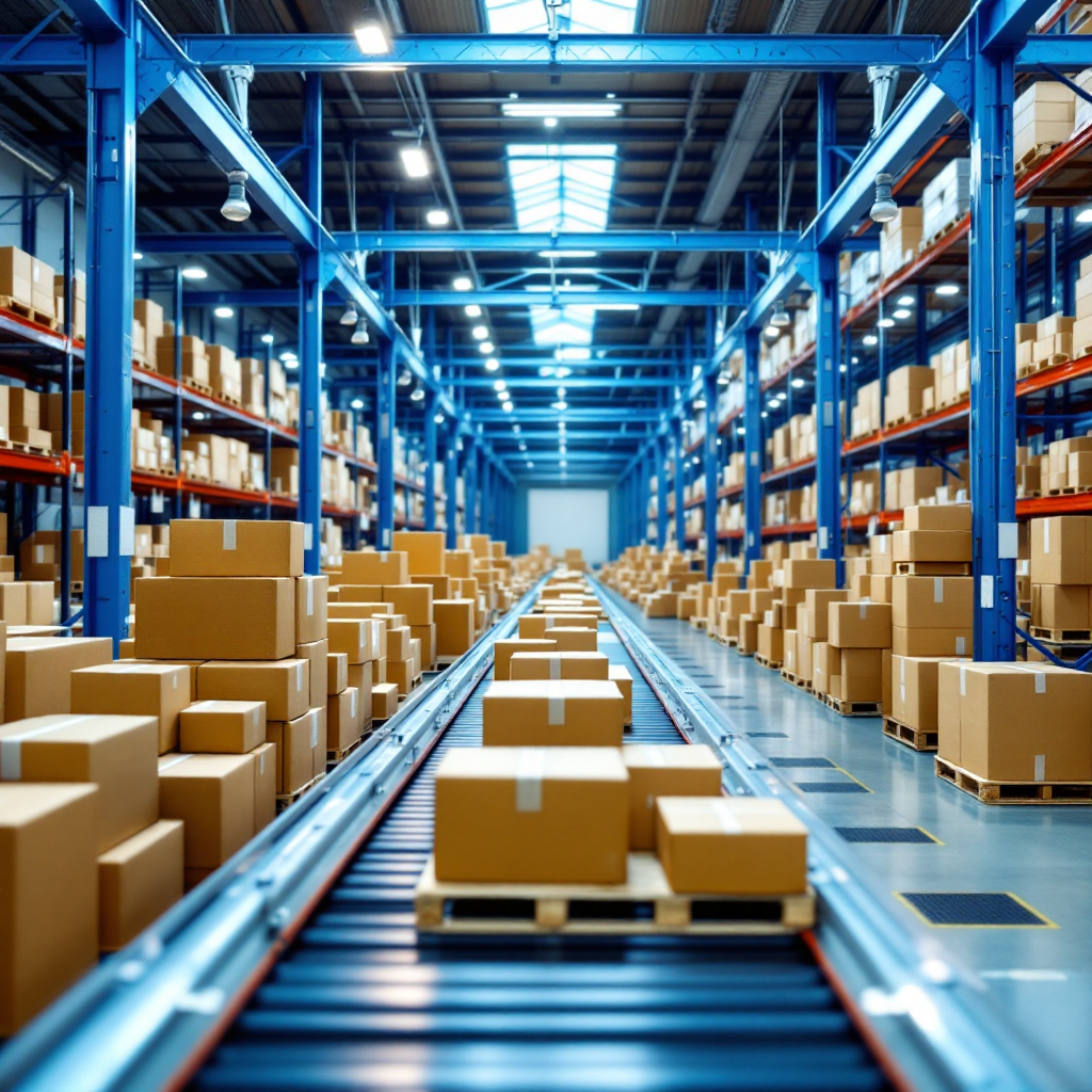 Modern fulfilment warehouse with organized parcels and conveyor systems