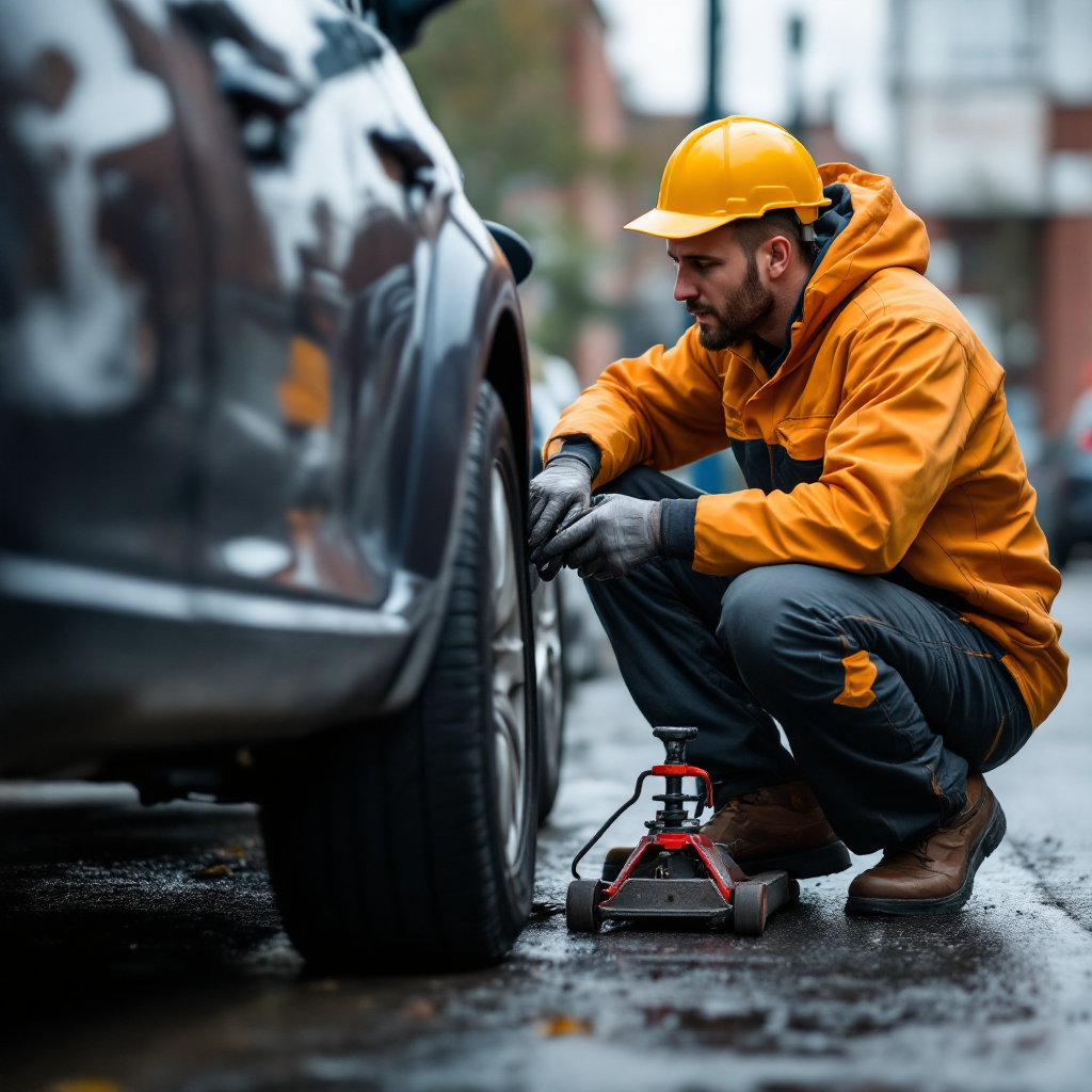Roadside tyre fitting in progress