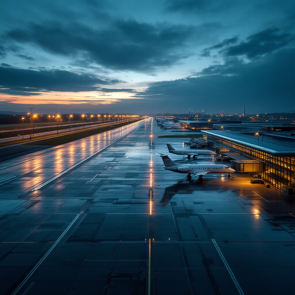 Business jets at Prague Airport at dusk