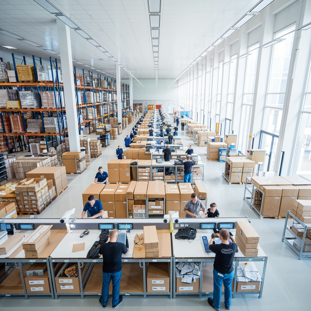 European fulfilment warehouse with organized packing stations