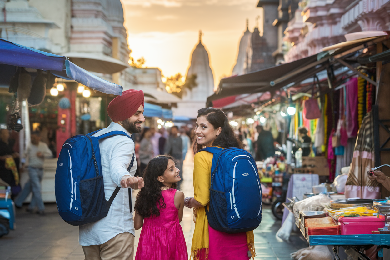A happy family of travelers exploring a vibrant Indian street with temples and colorful buildings in the background