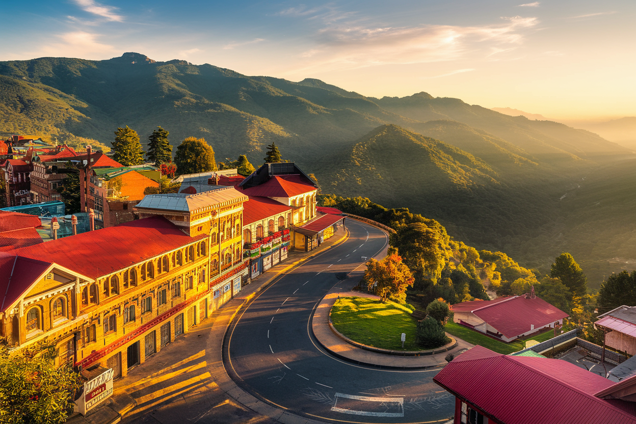 Panoramic view of Shimla hill station with colonial-era buildings surrounded by lush green mountains