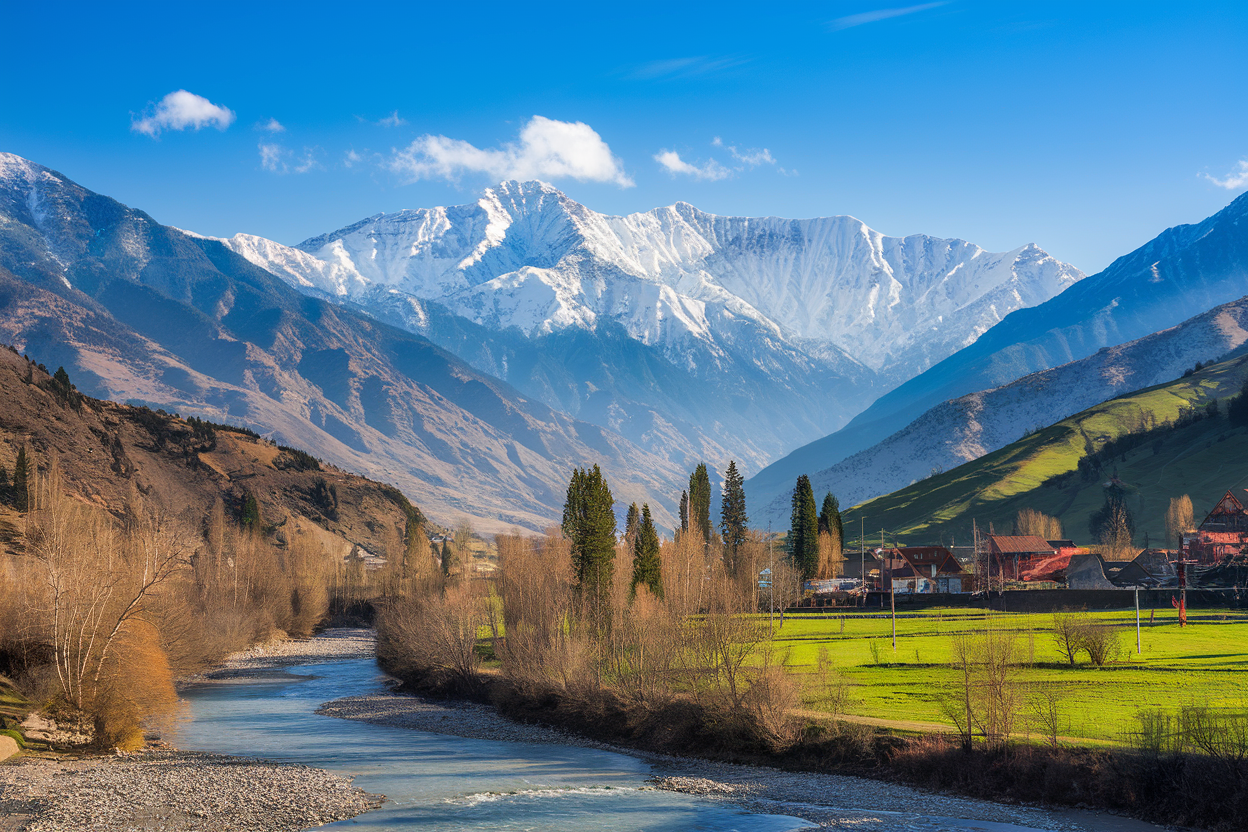 Scenic Manali valley with snow-capped Himalayan peaks and the Beas River flowing through lush greenery