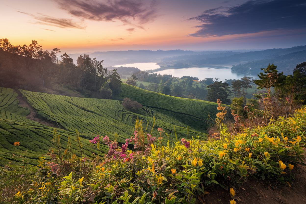Rolling green hills and tea plantations of Ooty with a serene lake and colorful flower gardens