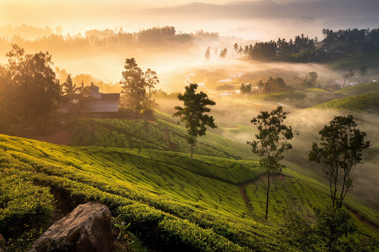 Expansive tea plantations of Munnar stretching across misty rolling hills bathed in warm golden light