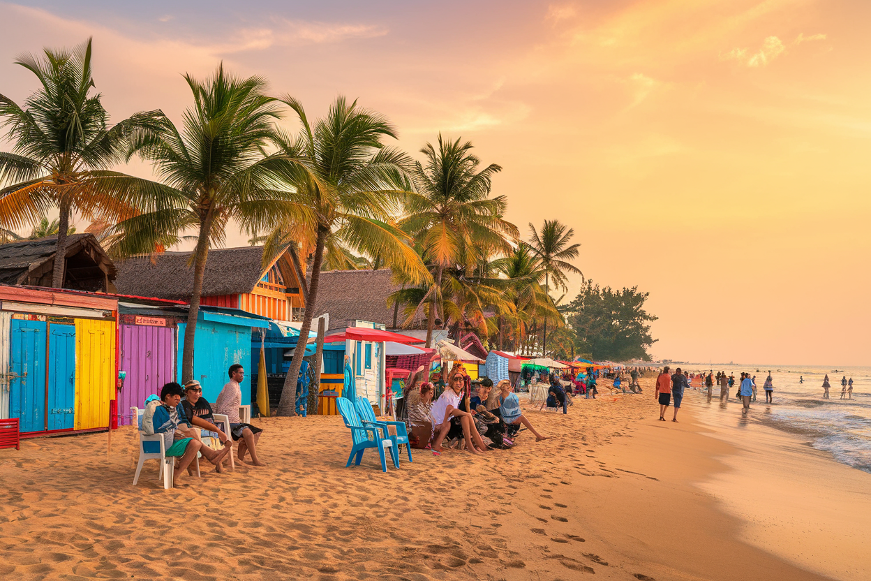 Golden sandy beach in Goa with colorful beach shacks, palm trees, and a warm sunset over the Arabian Sea