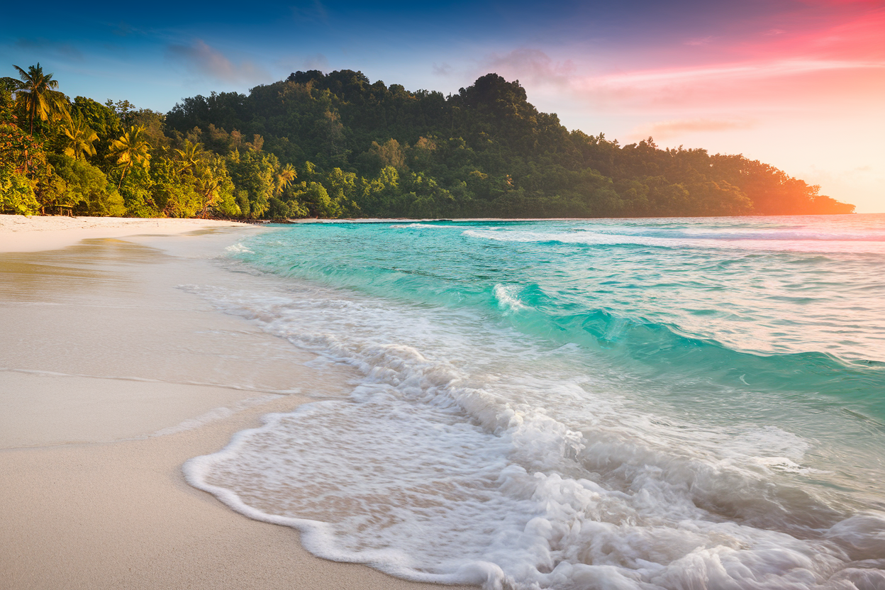 Pristine turquoise waters and white sand beach at Radhanagar Beach in the Andaman Islands surrounded by tropical greenery