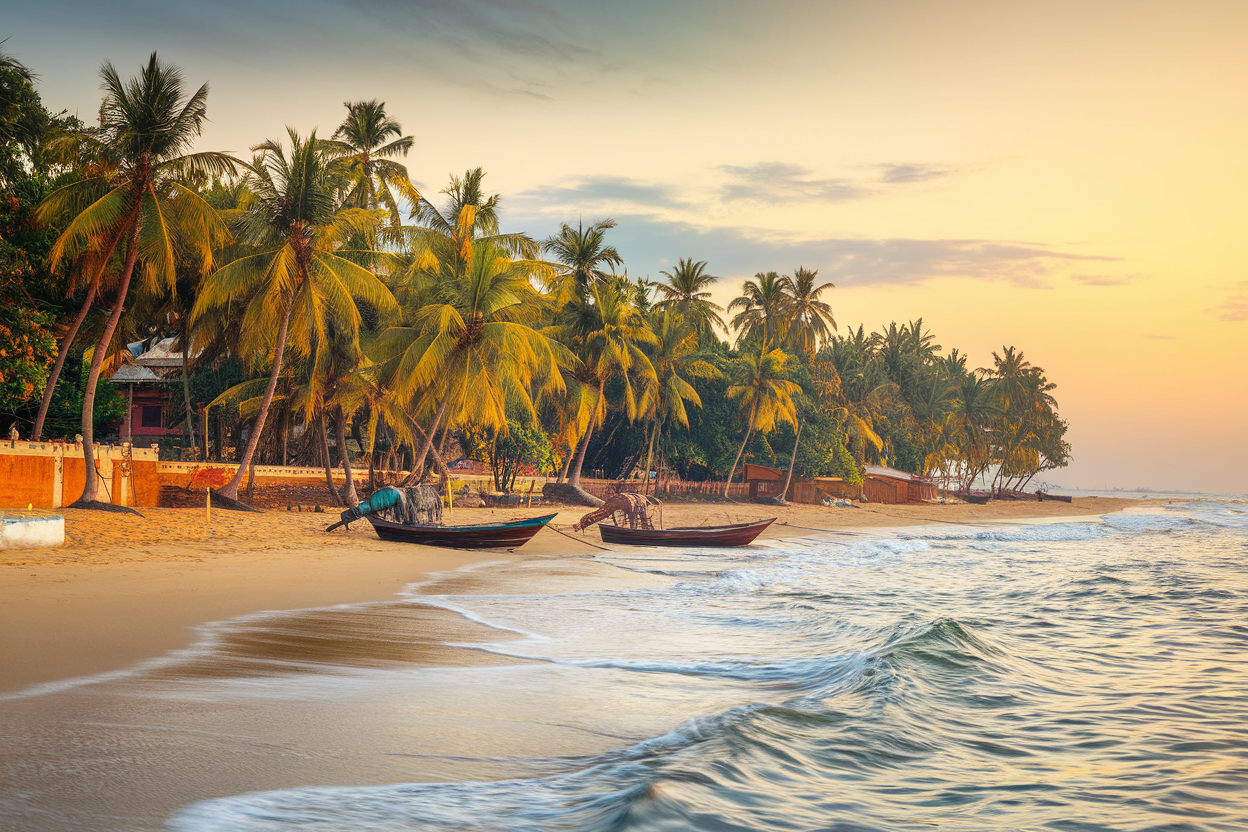 Peaceful Kerala beach lined with coconut palms and traditional wooden fishing boats resting on golden sand at sunset