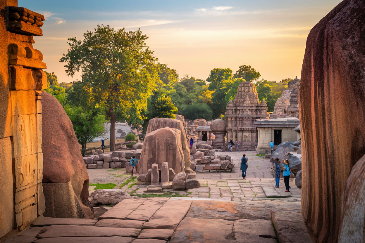 The iconic stone chariot at Hampi surrounded by ancient ruins and dramatic boulder landscape in golden light