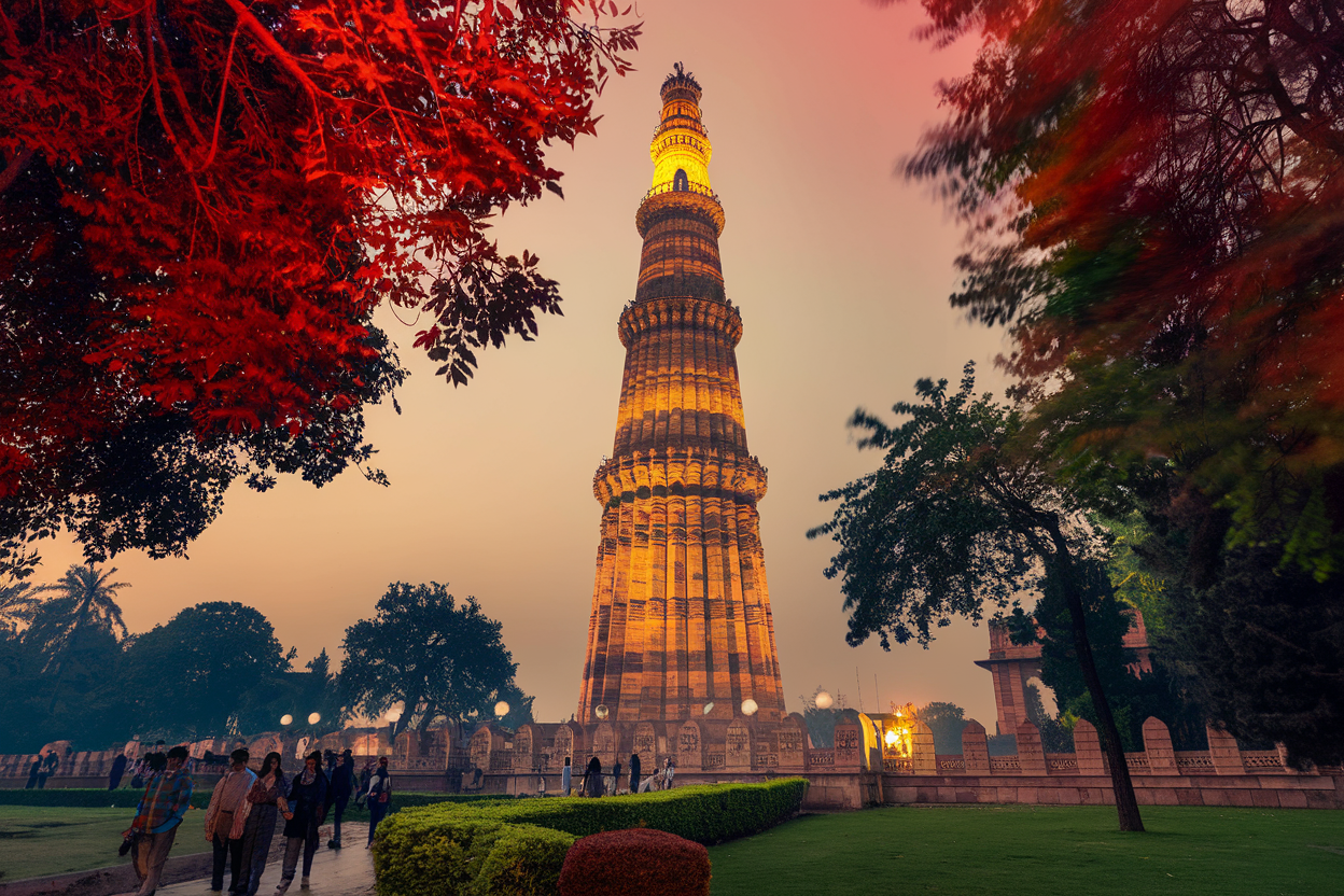The towering Qutub Minar in Delhi with its intricate red sandstone carvings and visitors strolling through the gardens