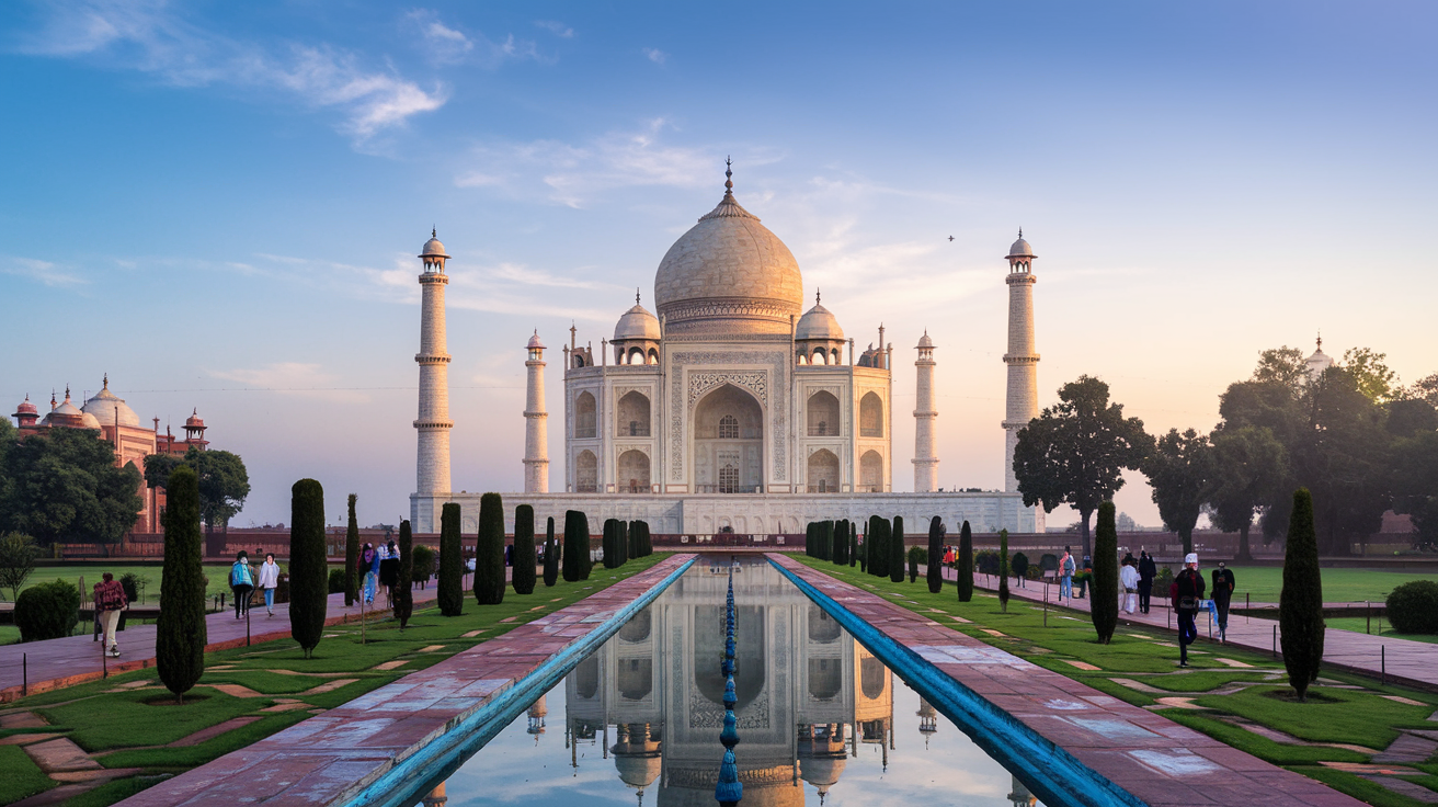 The iconic Taj Mahal bathed in warm golden sunrise light with visitors strolling along the reflecting pool