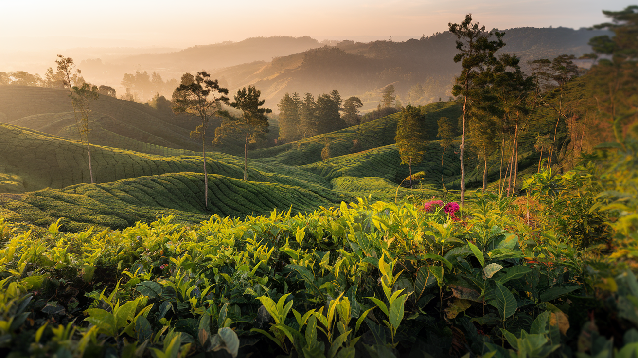 Rolling green tea plantations stretching across the misty hills of Munnar, Kerala