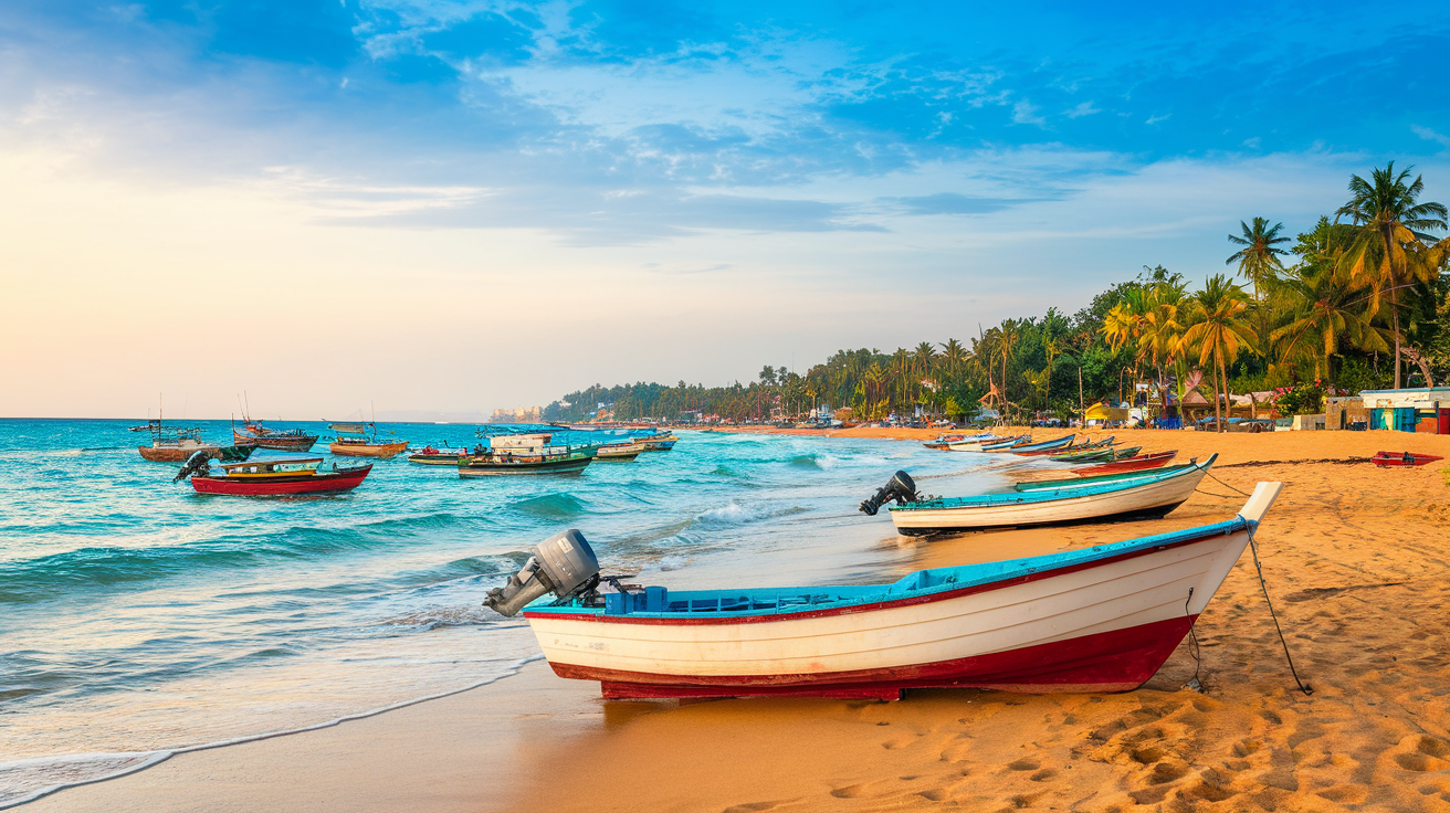 Colorful traditional fishing boats resting on the golden sands of a Goa beach with turquoise waves