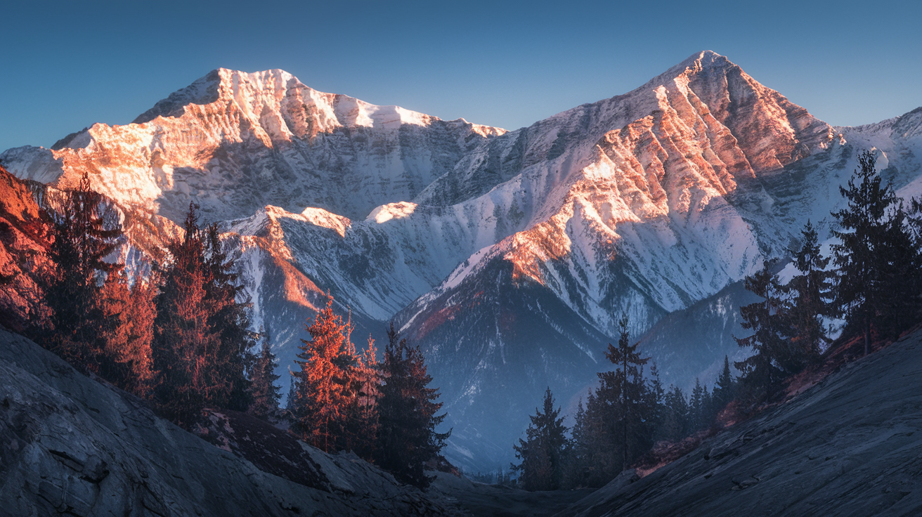 Majestic snow-capped Himalayan peaks seen from Manali surrounded by lush pine forests in warm sunlight
