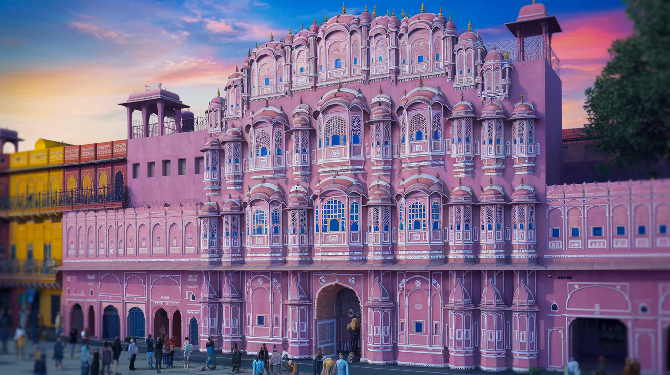 The stunning pink facade of Hawa Mahal in Jaipur with bustling street life below
