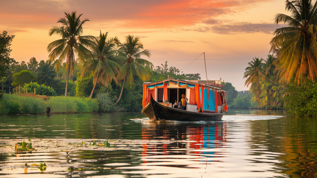 A traditional houseboat cruising through the serene palm-lined backwaters of Kerala during golden hour