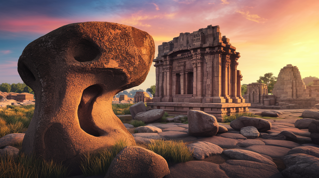 Ancient stone ruins and dramatic boulder landscape of Hampi, Karnataka glowing in warm sunset light