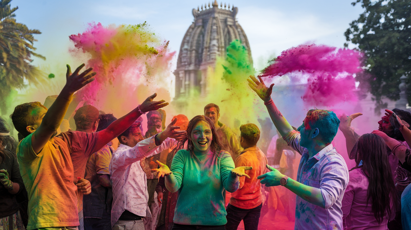 Joyful people celebrating the vibrant Holi festival surrounded by clouds of colorful powder