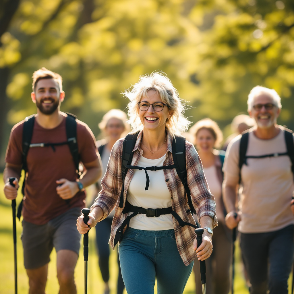 Mixed-age group enjoying Nordic pole walking together