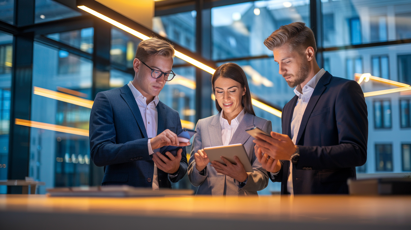 Business-Team nutzt Firmenhandys und Smartphones im modernen Büro - BCS Mobilfunk