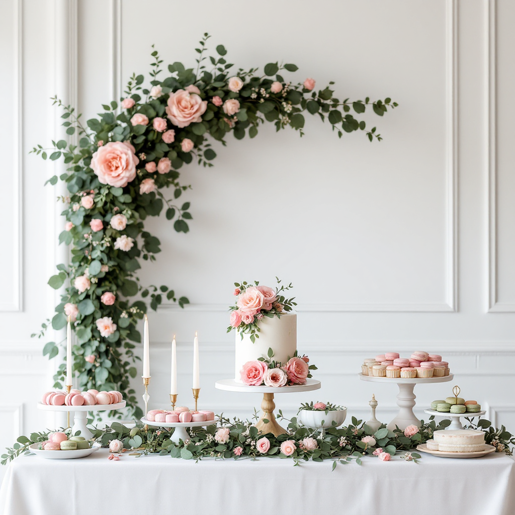 Bridal shower dessert table with pink and green florals