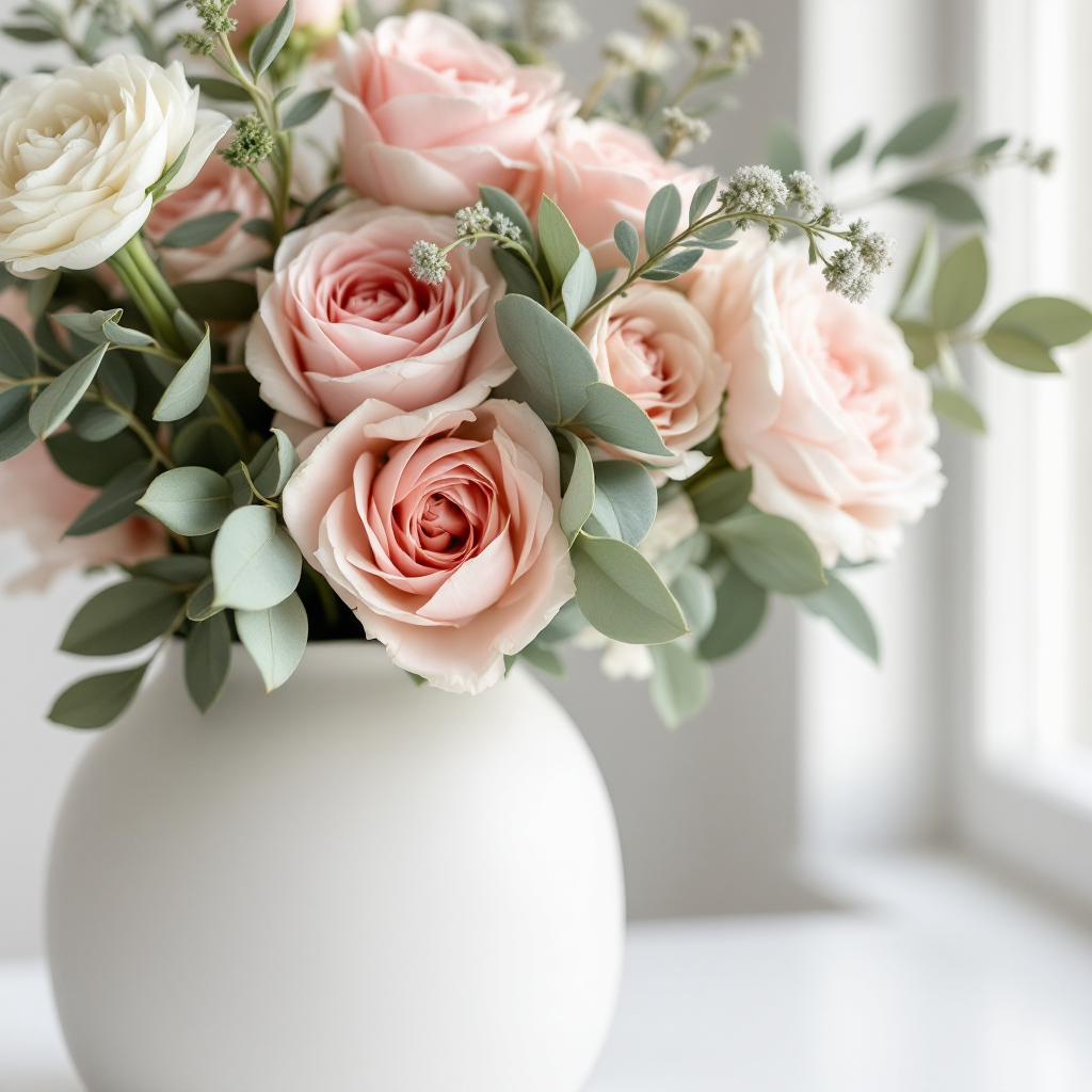 Blush and sage floral arrangement close-up