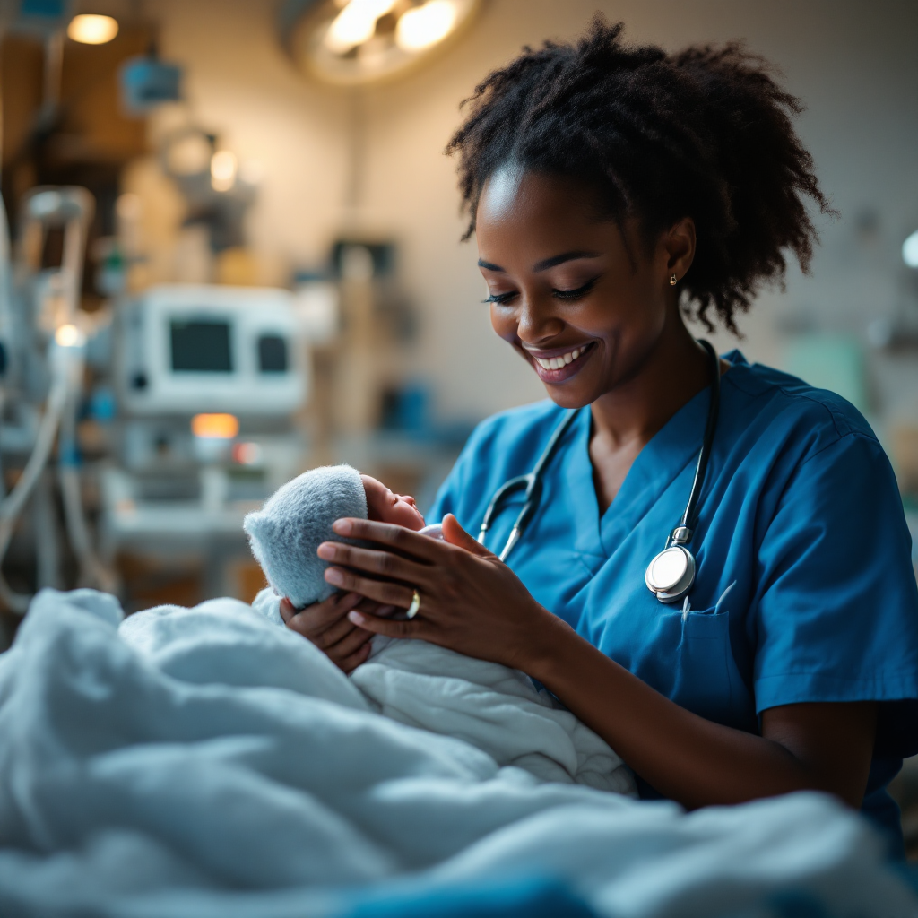 Healthcare worker caring for a newborn in an African hospital