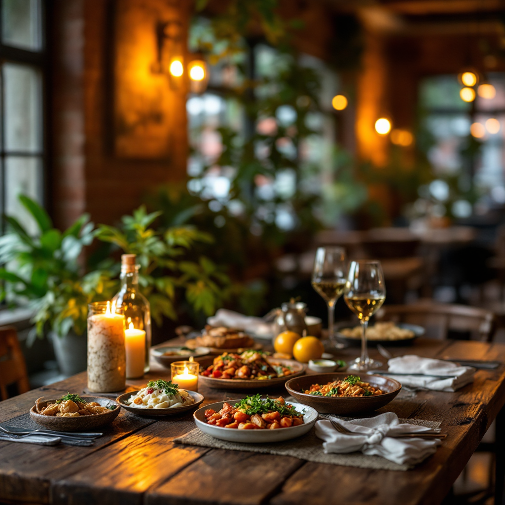 Cedar & Sage Kitchen — warm dining room with seasonal dishes on a rustic table