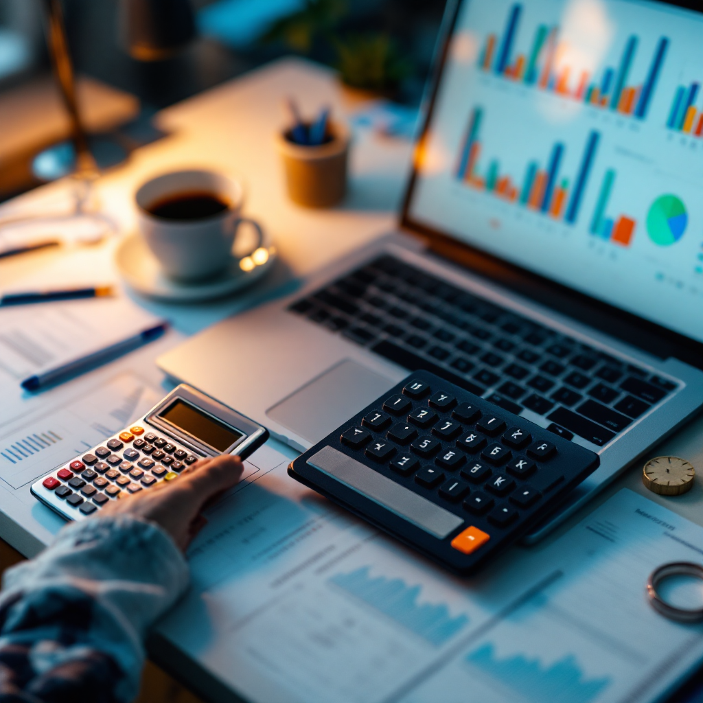 Office desk with calculator and workflow documents