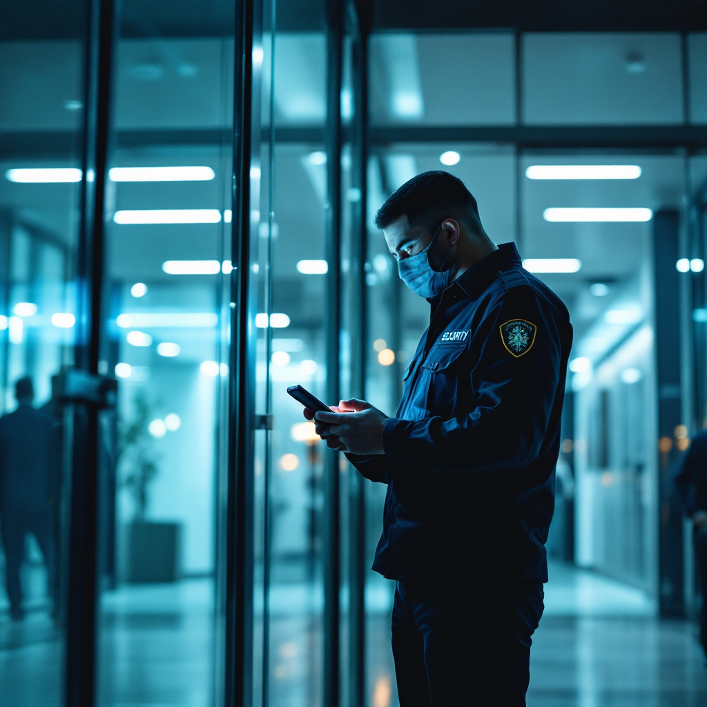 Security officer checking post verification on mobile device