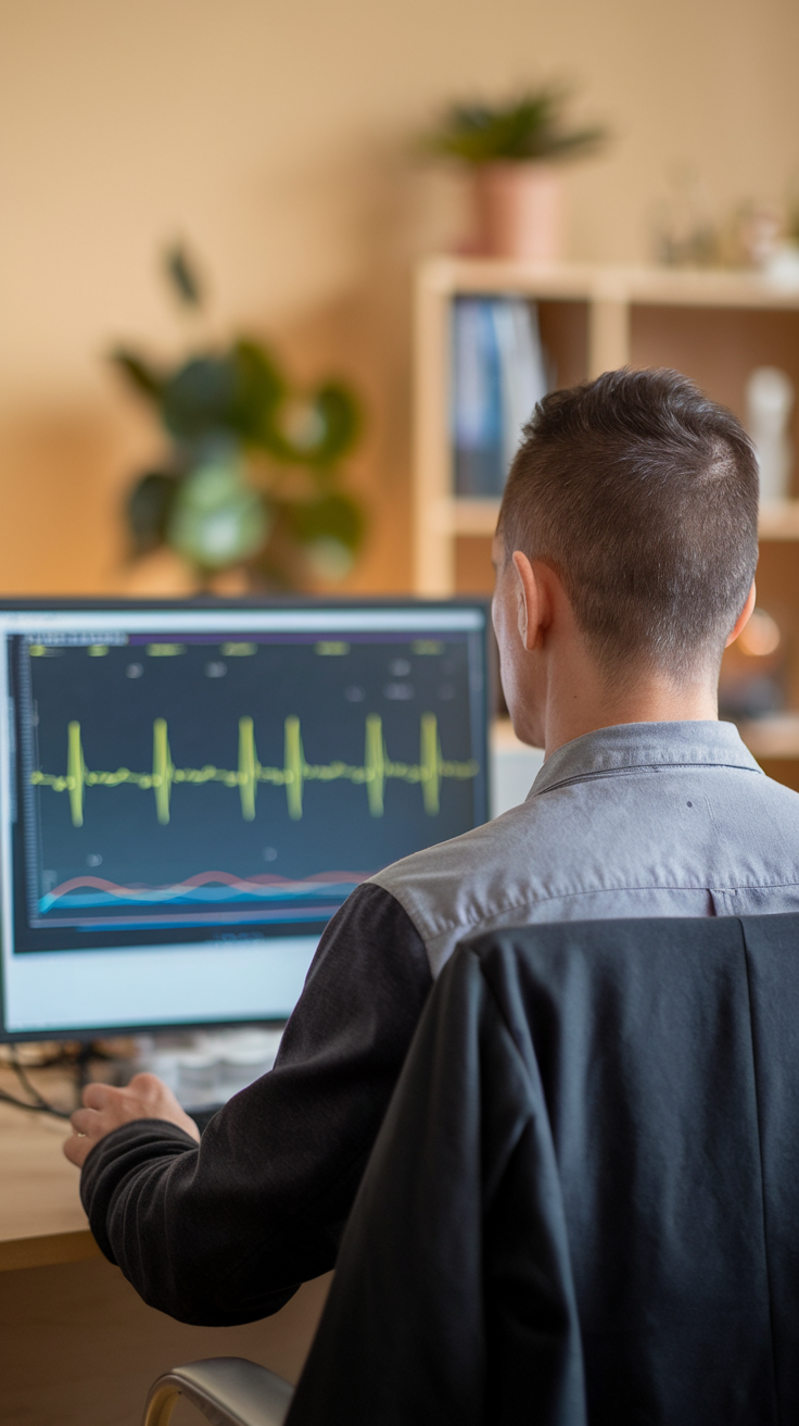 Man seen from behind doing biofeedback while looking at a computer screen