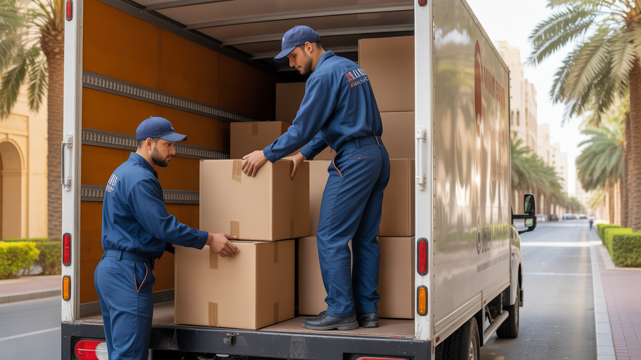 Professional movers loading boxes into a moving truck in Bahrain