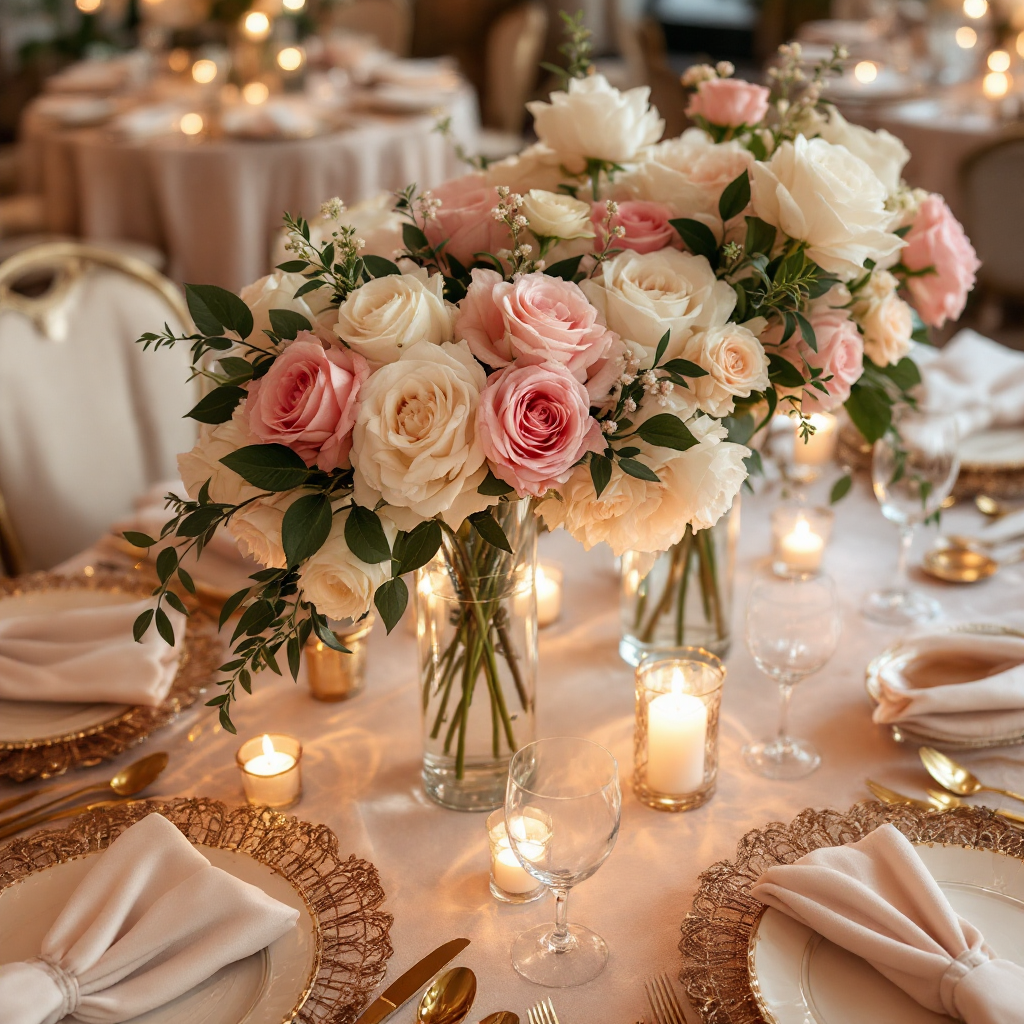 Blush and cream wedding tablescape