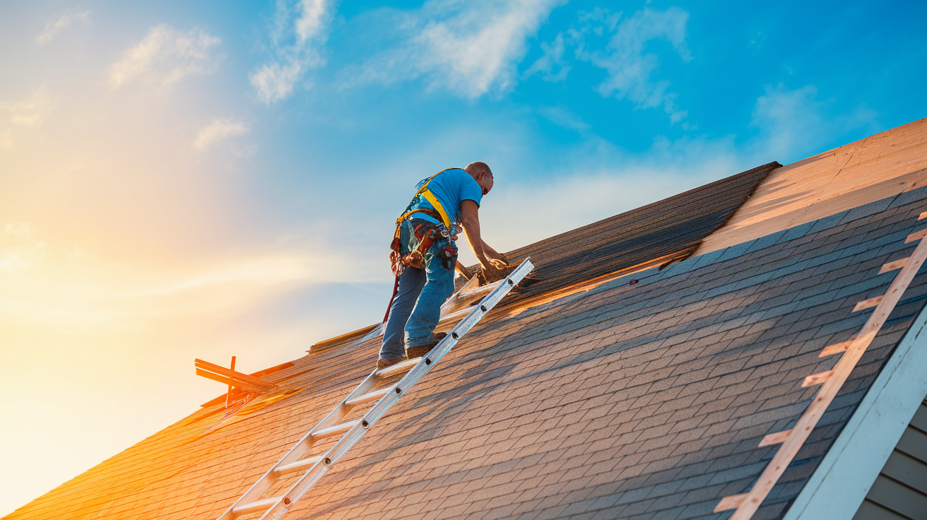 Roofer installing shingles