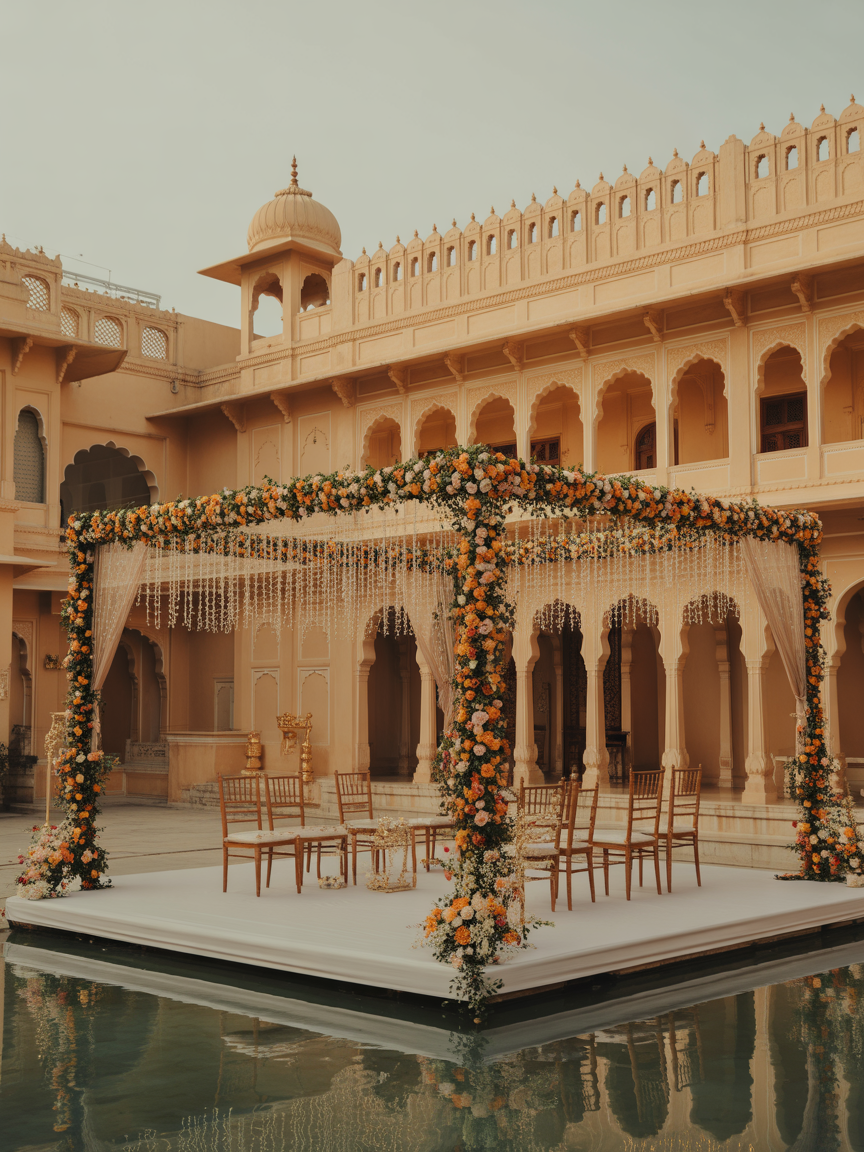 Stunning Indian palace courtyard decorated for a grand destination wedding with floral mandap, warm fairy lights, and majestic architecture at golden hour