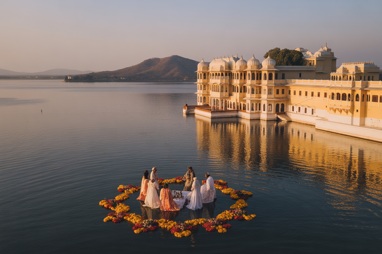Majestic Lake Palace in Udaipur at golden hour with reflections on the lake