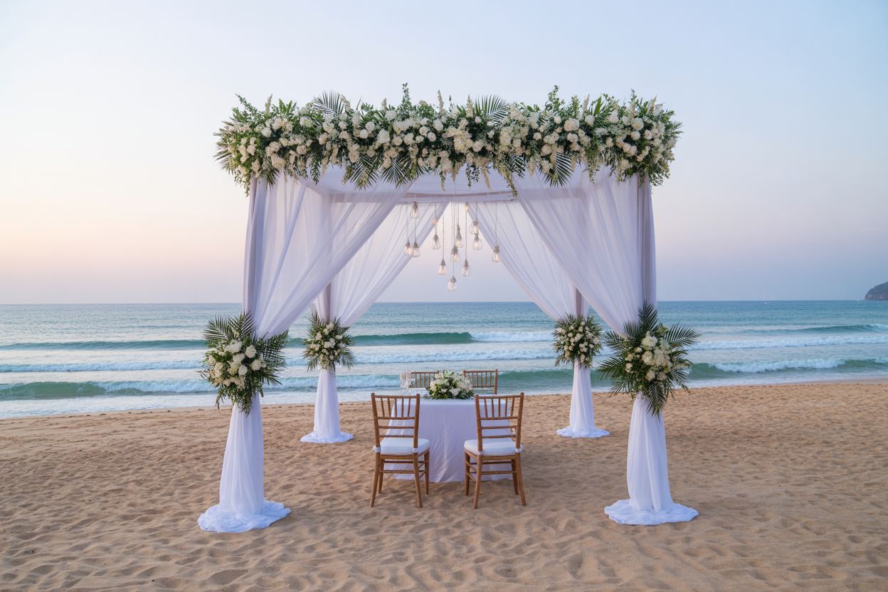 Beautiful beach wedding setup in Goa with white drapes and tropical flowers at sunset