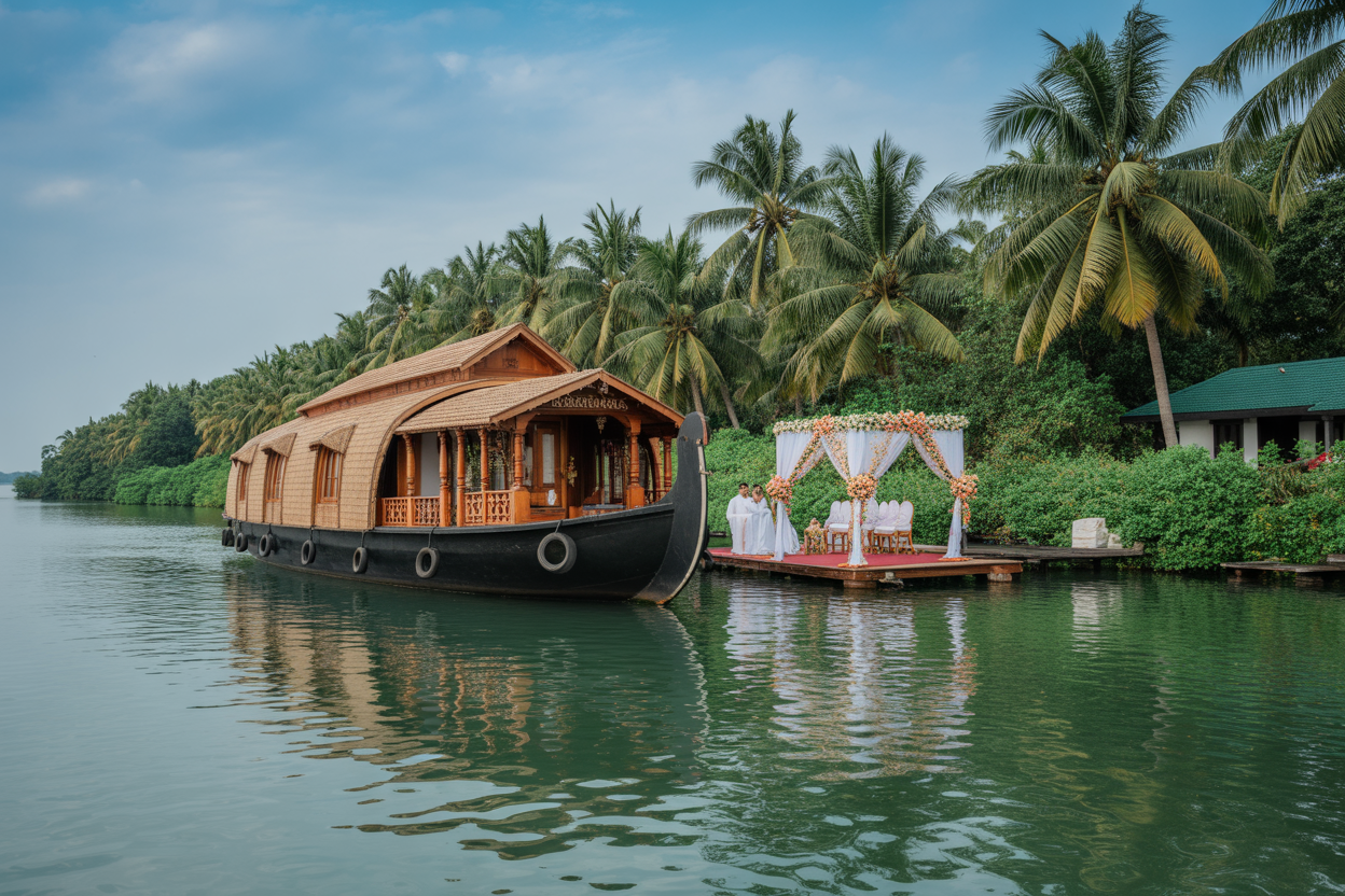 Serene Kerala backwater wedding venue with houseboats and lush tropical greenery