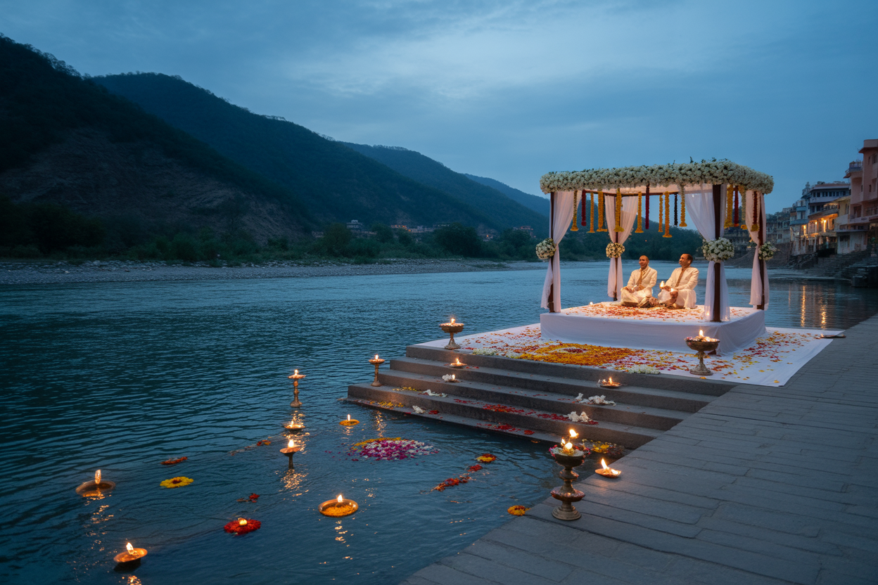 Spiritual wedding venue in Rishikesh with the Ganges river and Himalayan foothills