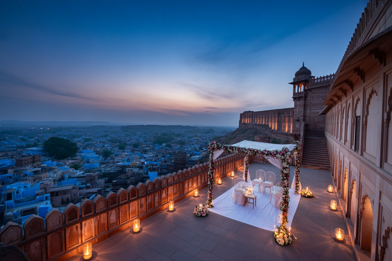 Magnificent Jodhpur fort wedding venue with blue city panorama at twilight