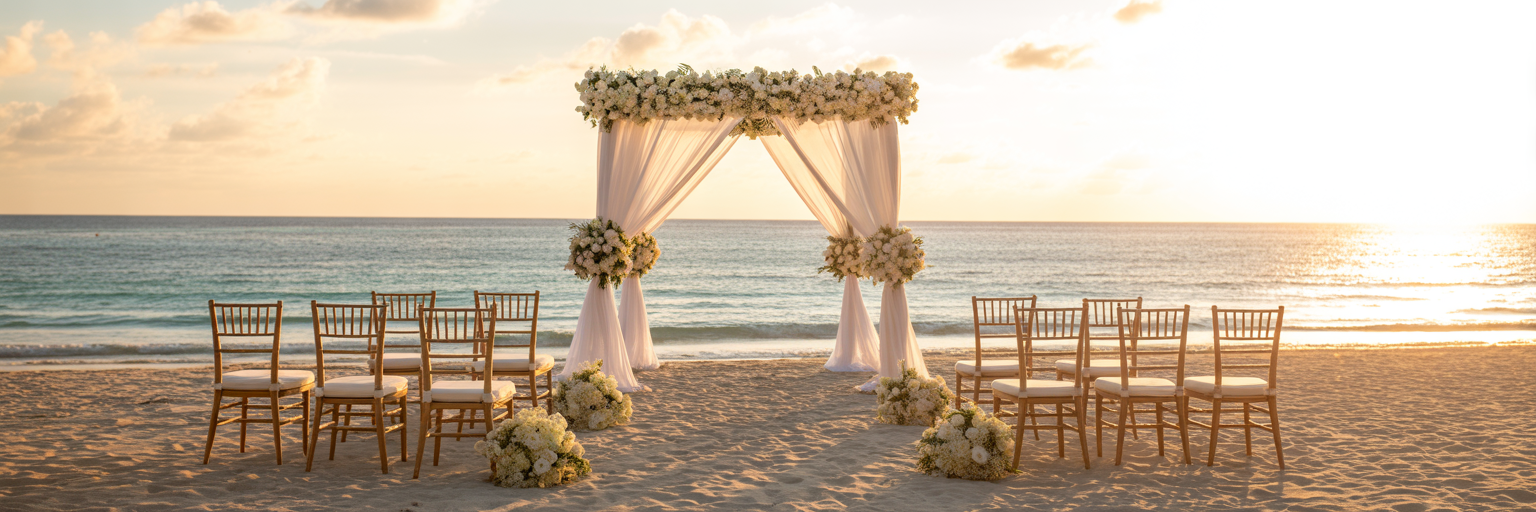 Beautiful destination wedding ceremony on a tropical beach at sunset with elegant floral decorations