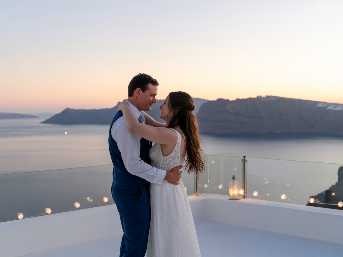 Couple sharing their first dance on a Santorini terrace at sunset with the caldera in the background