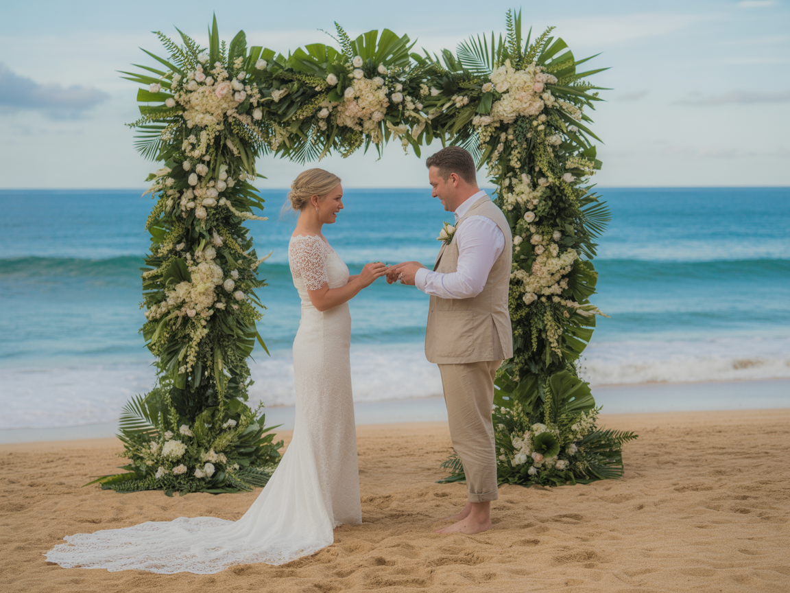 Couple exchanging rings on a tropical Bali beach with a floral arch and ocean waves
