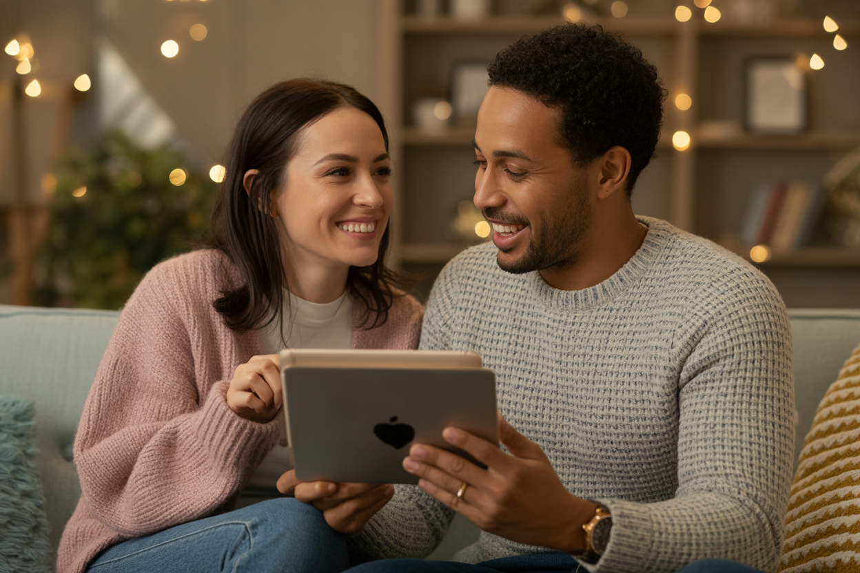 Happy couple reviewing their destination wedding proposal together on a tablet