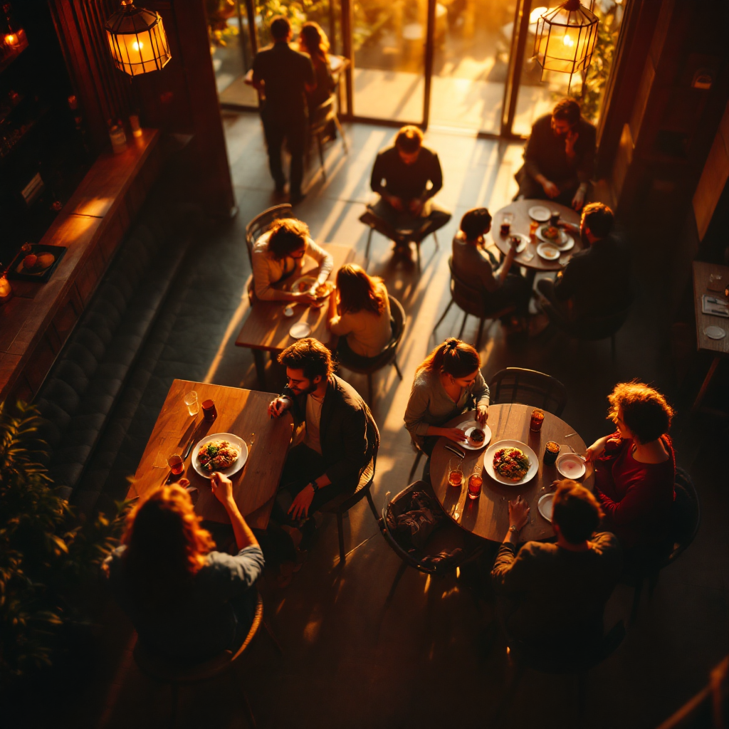 Restaurant interior at golden hour
